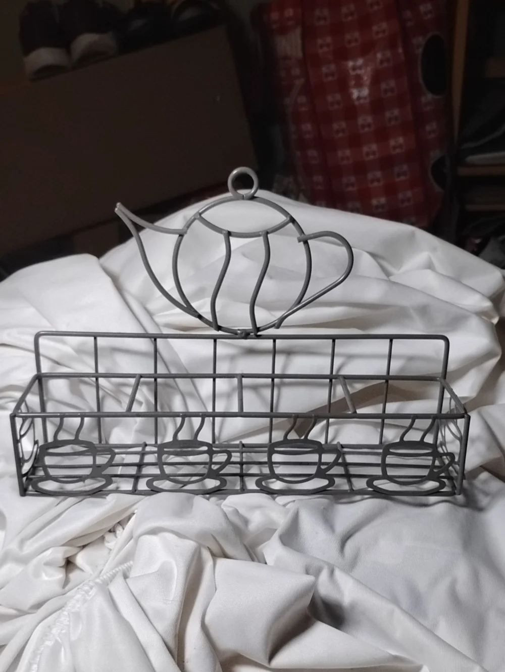 Teapot Design 4 Section Kitchen organizer gray enamel coated wire basket